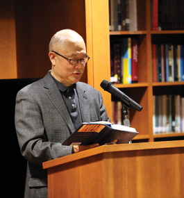 EMINENTLY ACCESSIBLE: Jin reads from “The Banished Immortal,” his 2019 biography  of poet Li Bai, at Boston University.